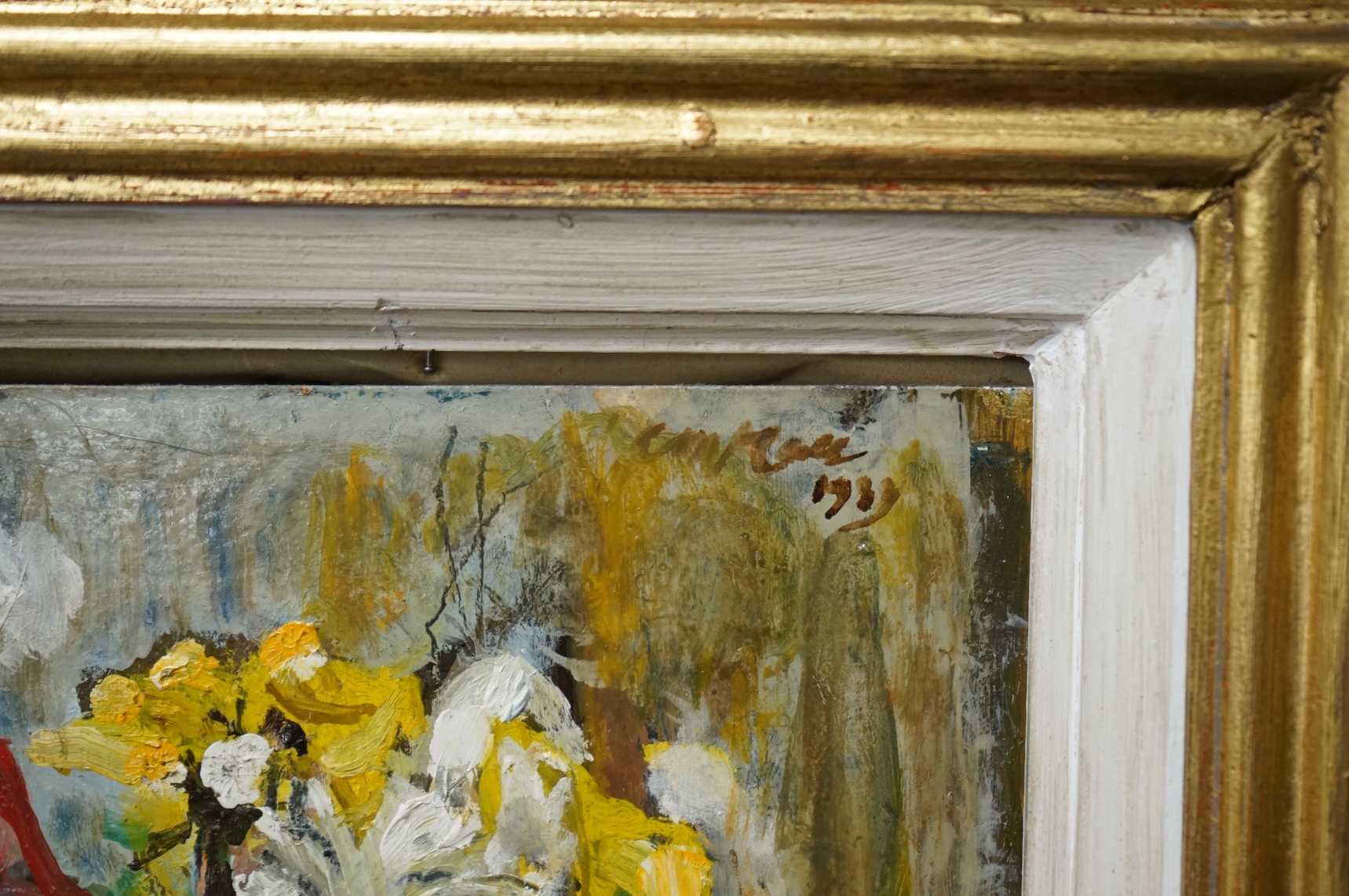 Charles McCall (Scottish, 1907-1989), 'The little vase of freesias', signed and indistinctly dated 1990, details and Christies, St. James, London, September 1995 label verso, 21 x 15cm, gilt frame